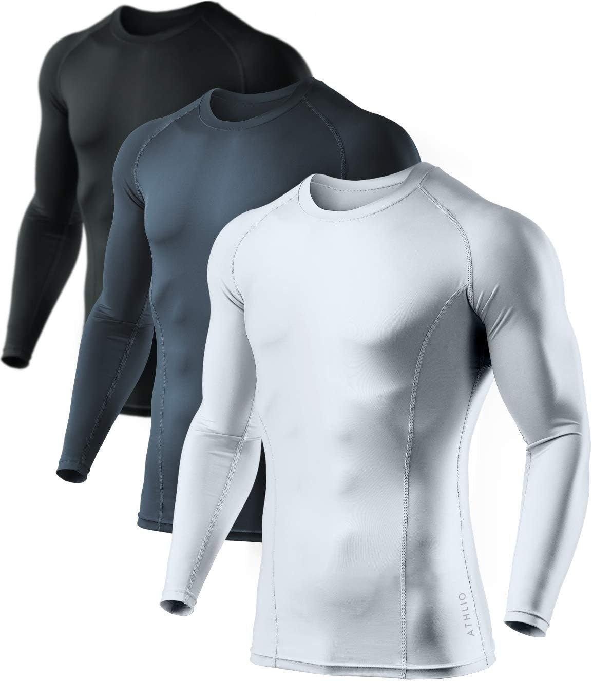 CLSX Men'S UPF 50+ Long Sleeve Compression Shirts, Water Sports Rash Guard Base Layer, Athletic Workout Shirt, 3Pack Dark Black/Dark Charcoal/Pure White, X - Large - Rush2Wait Travel Co.