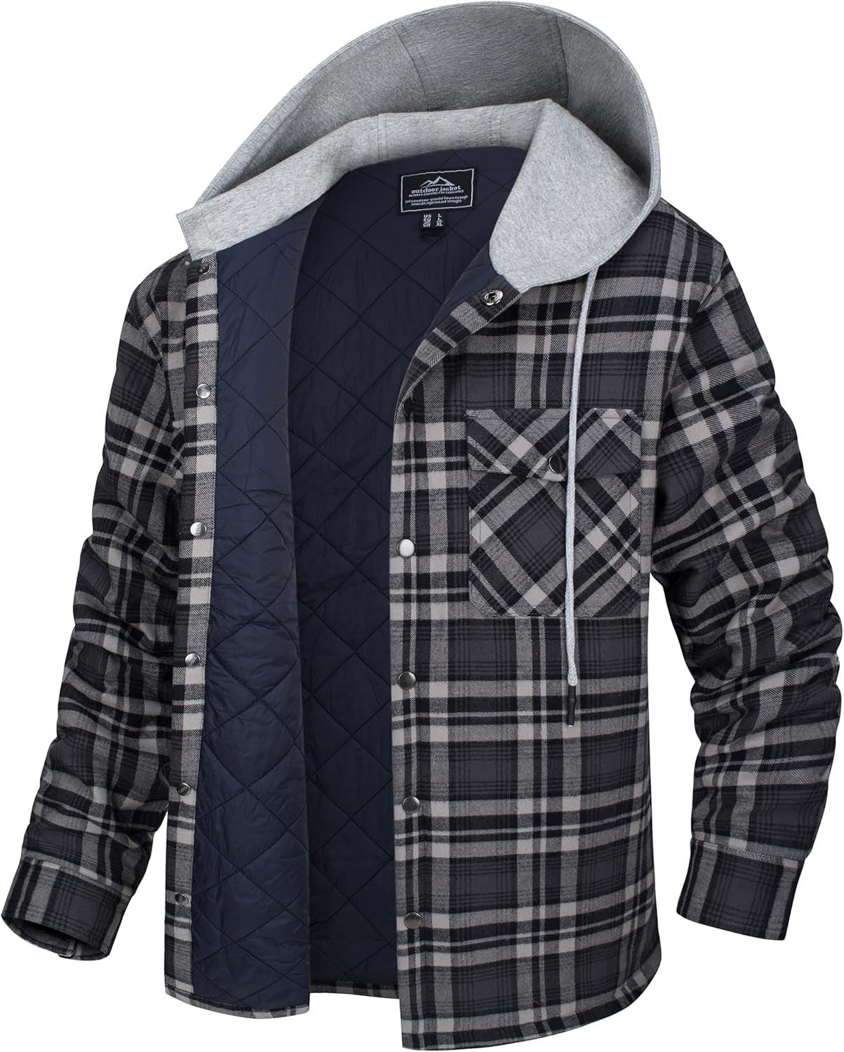 Men'S Quilted Lined Flannel Hoodie Jacket Cotton Button down Shirt Jacket Long Sleeve Plaid Shirt Shacket - Rush2Wait Travel Co.